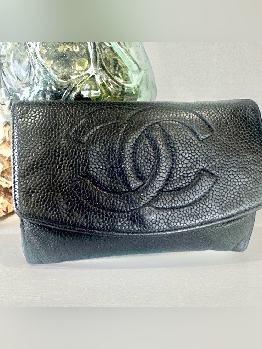 CHANEL Black Caviar Leather Compact Wallet